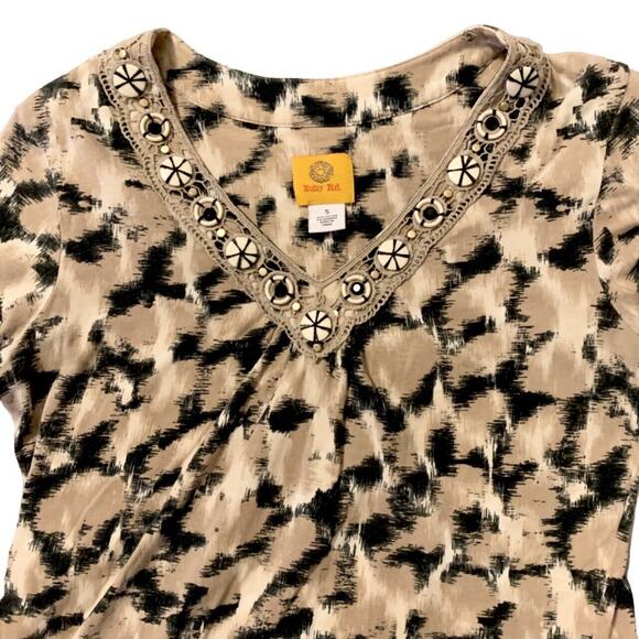 Ruby Rd Blouse Small Women Beige Black Artsy Embellished V-Neck BohoChic Summer - Picture 2 of 14